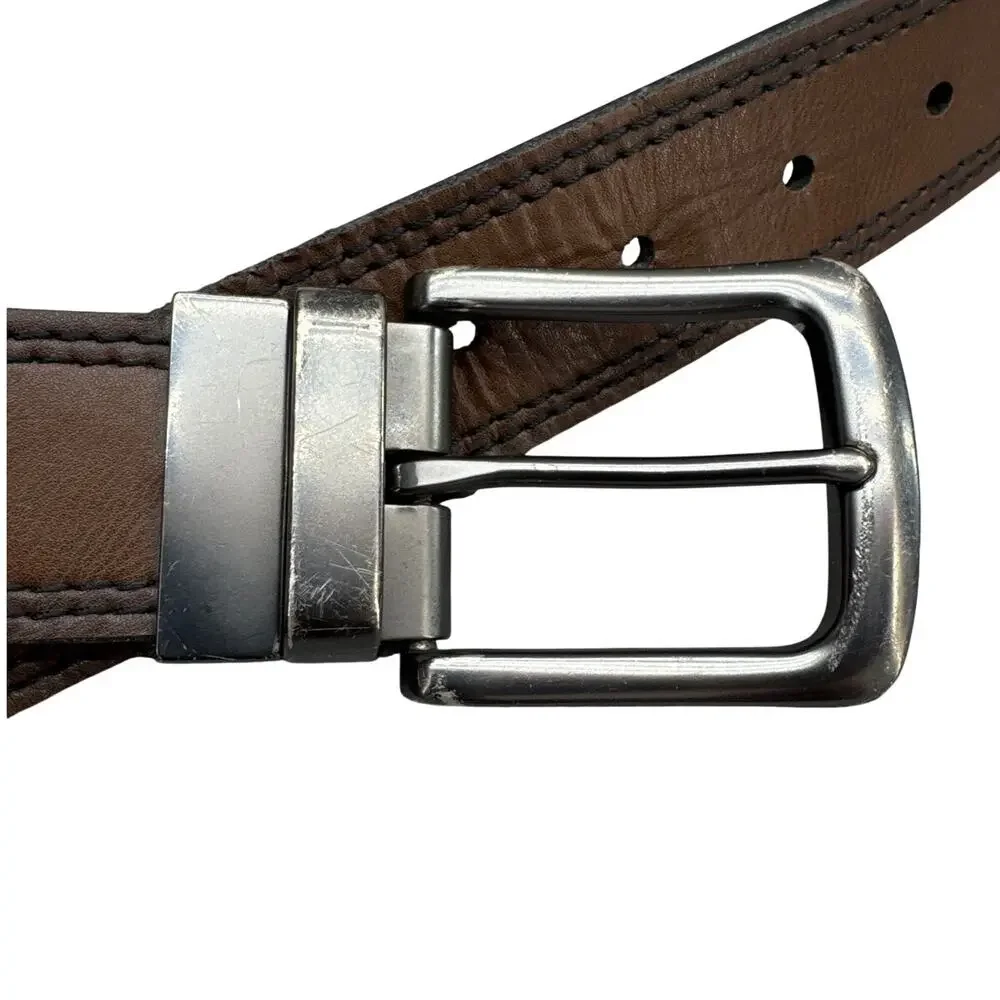 Brown Genuine Leather Pewter SIlver Buckle Belt Men 38